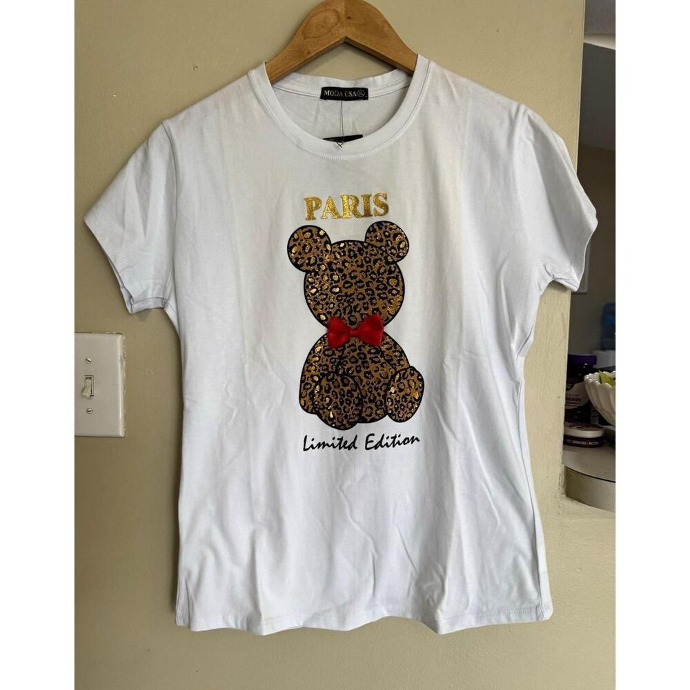 Moda-international Women's White and Gold T-shirt
